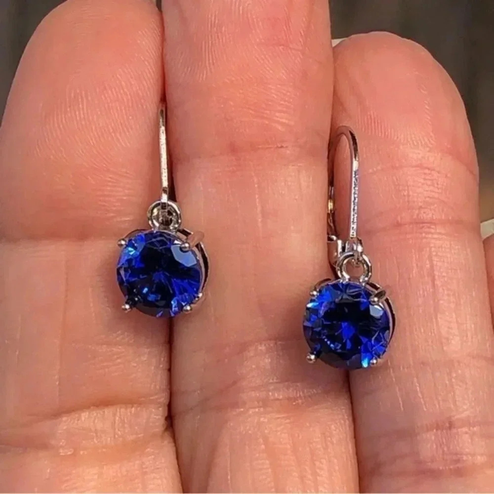 Royal Blue Cubic Zirconia 8mm Lever Back Birthstone Drop Earrings NWT